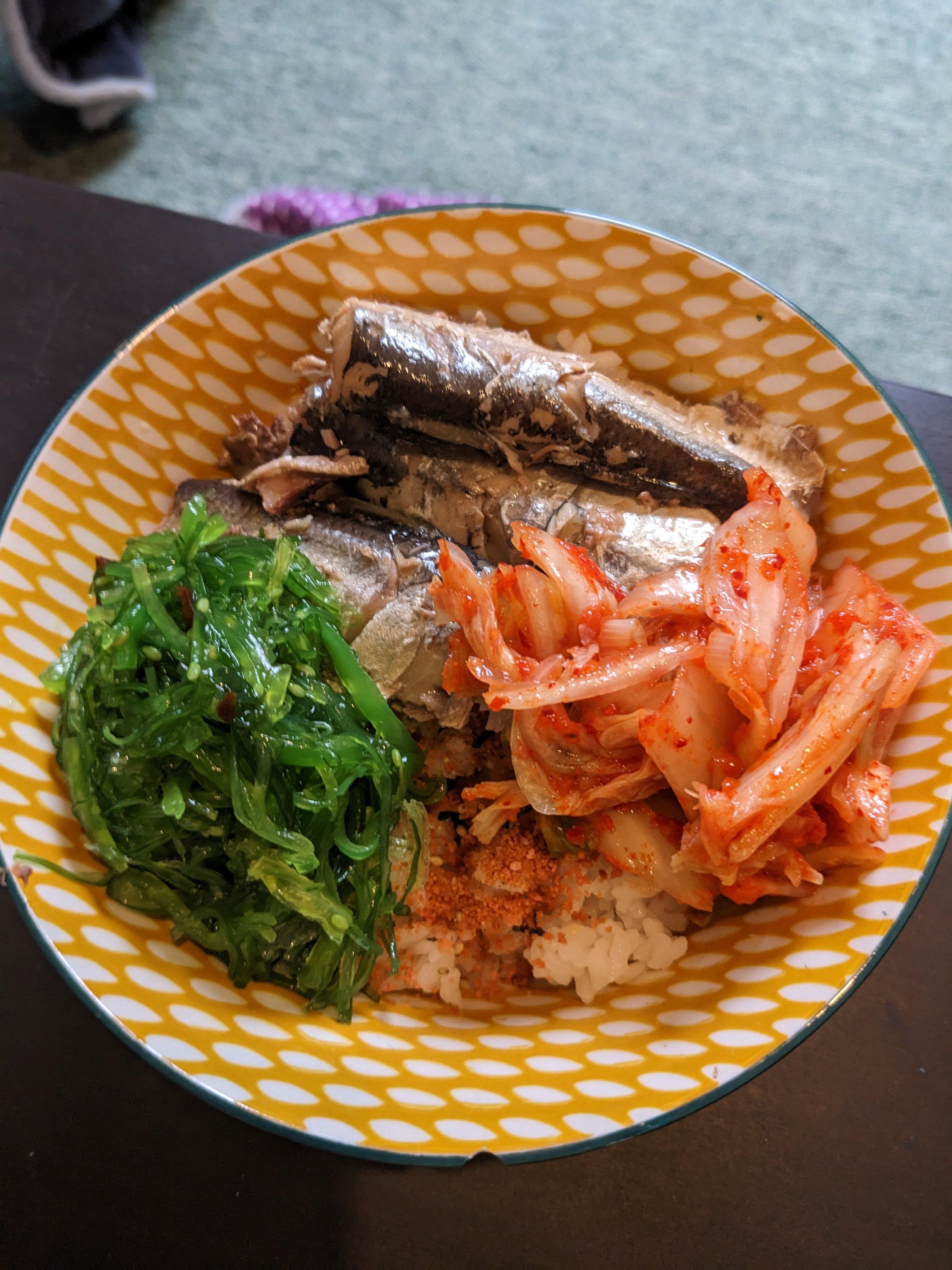 Tropical Sun Sardines (herring) with sushi rice, kimchi, furikake and