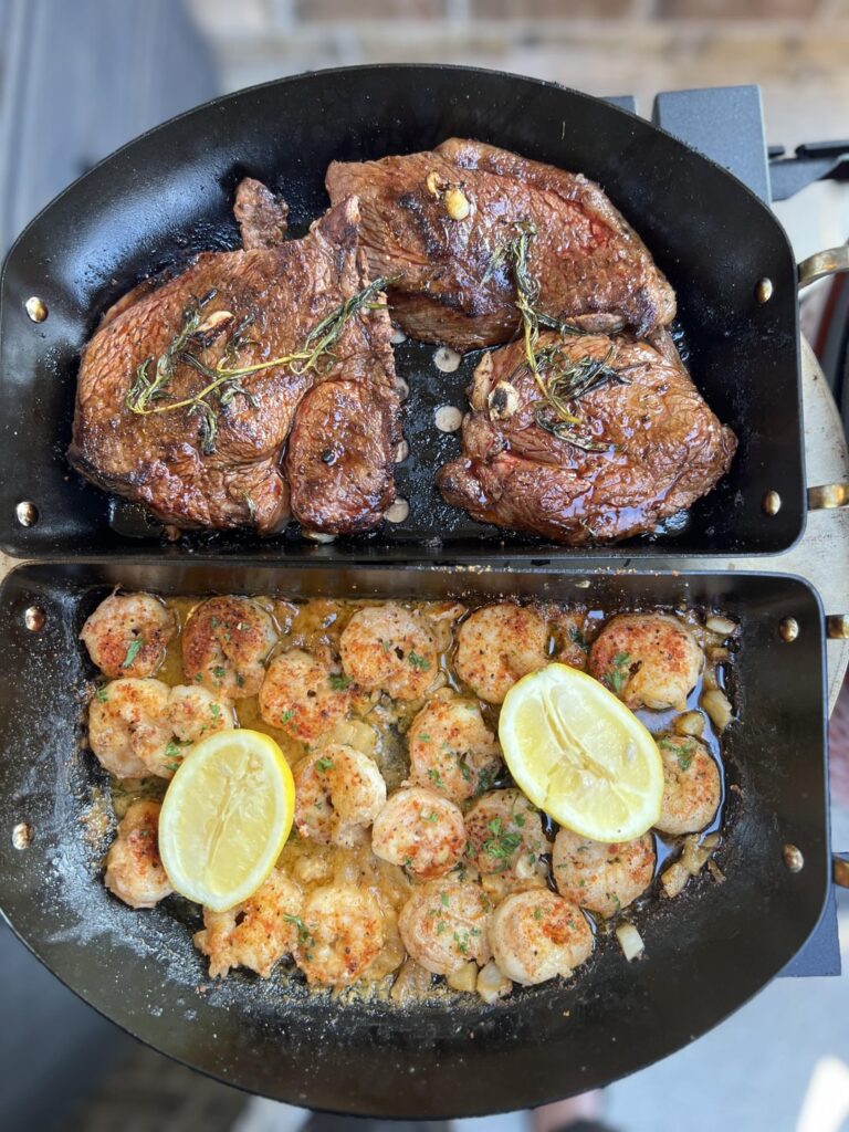 Pan Seared Garlic Butter Shrimp Scampi and Steak