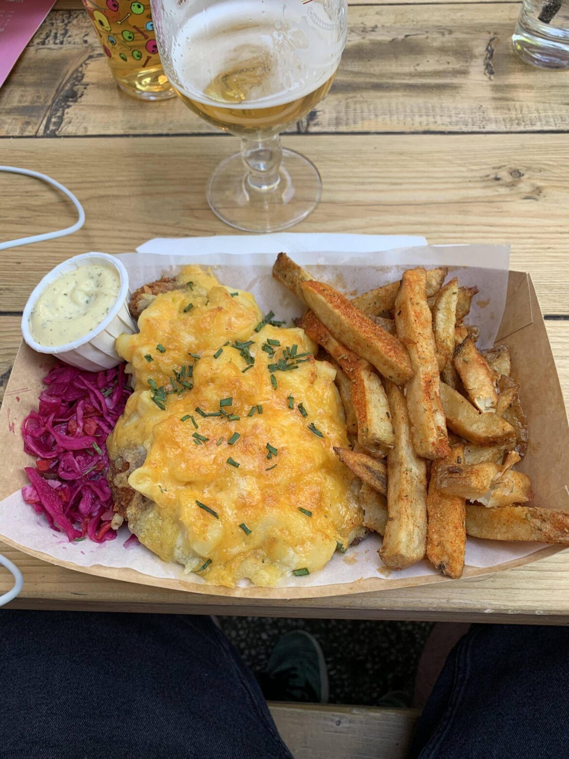 Mac n cheese chicken parmo w/ chips and garlic sauce