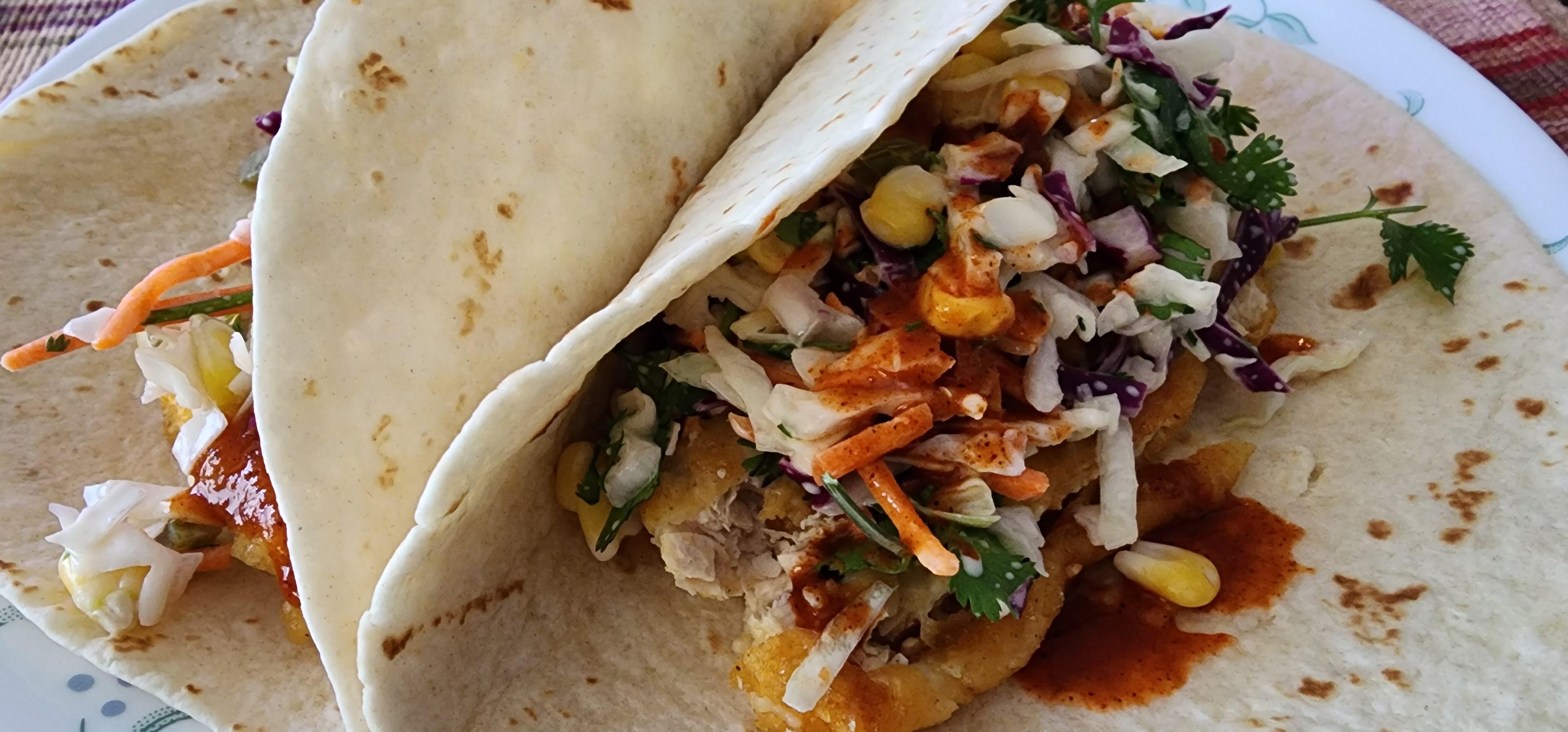 Gardein F'sh Tacos with Cabbage, Corn, Jalapeno, & Cilantro Slaw