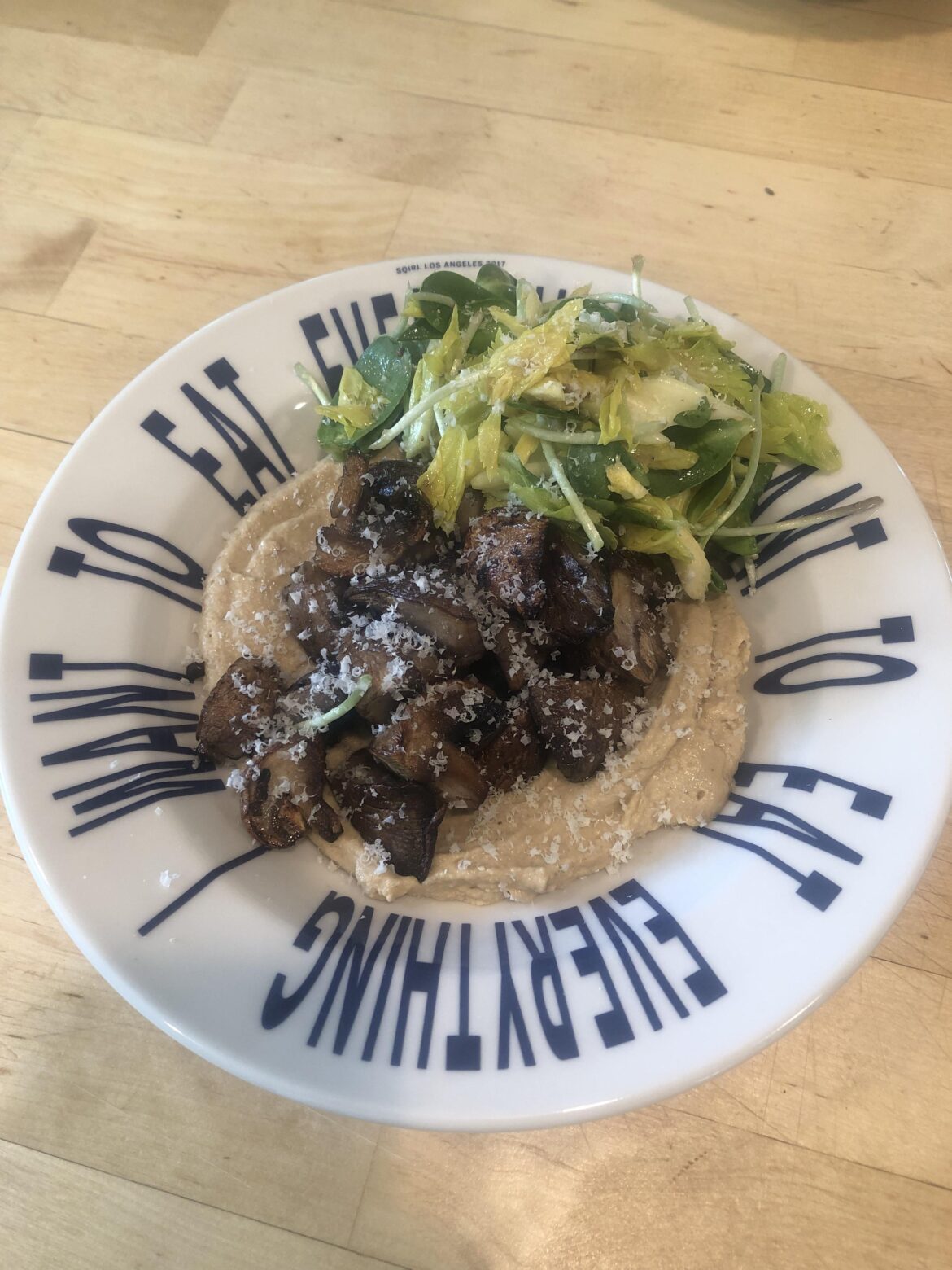 Roasted mushrooms, hummus, and a celery heart & sunflower sprout salad with rhubarb vinaigrette, shaved hazelnut.