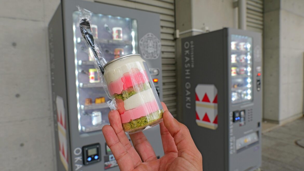 Just a cake in a can vending machine in Japan during cherry blossom