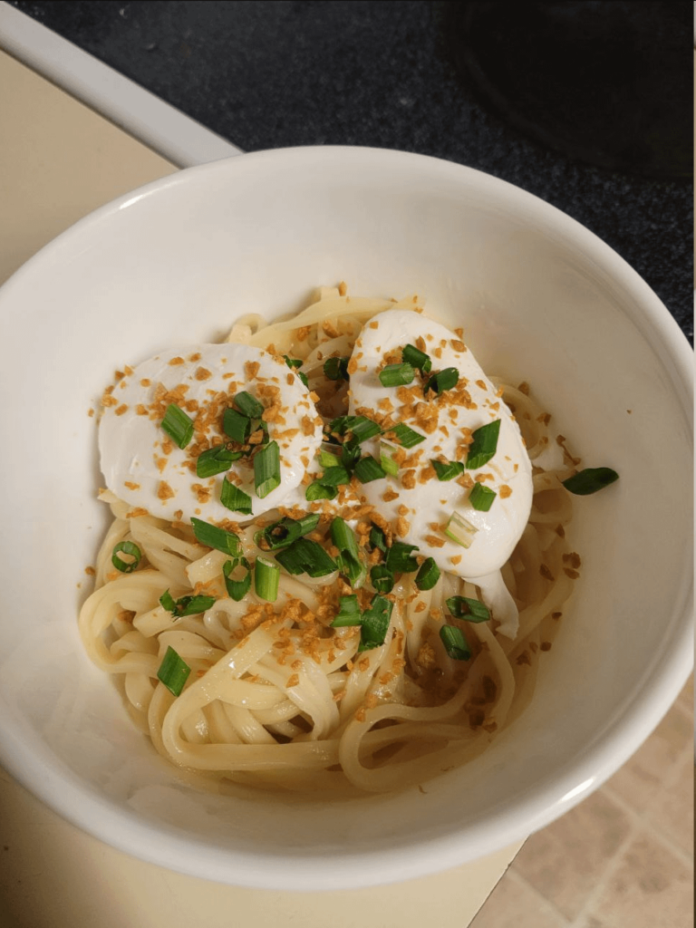 poached eggs on hakka noodles (lard and fried garlic and fish sauce)