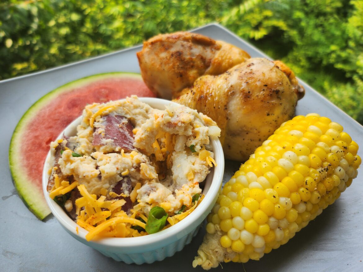 Honey Garlic and Chili Lime Drumsticks with Potato Salad, Corn, and Watermelon!