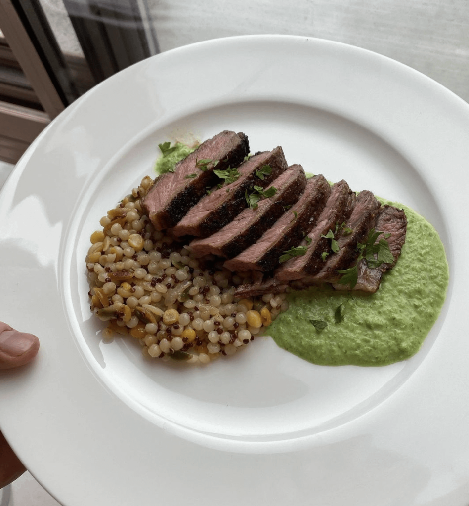 Pearl Couscous, Minted Pea Puree, Steak