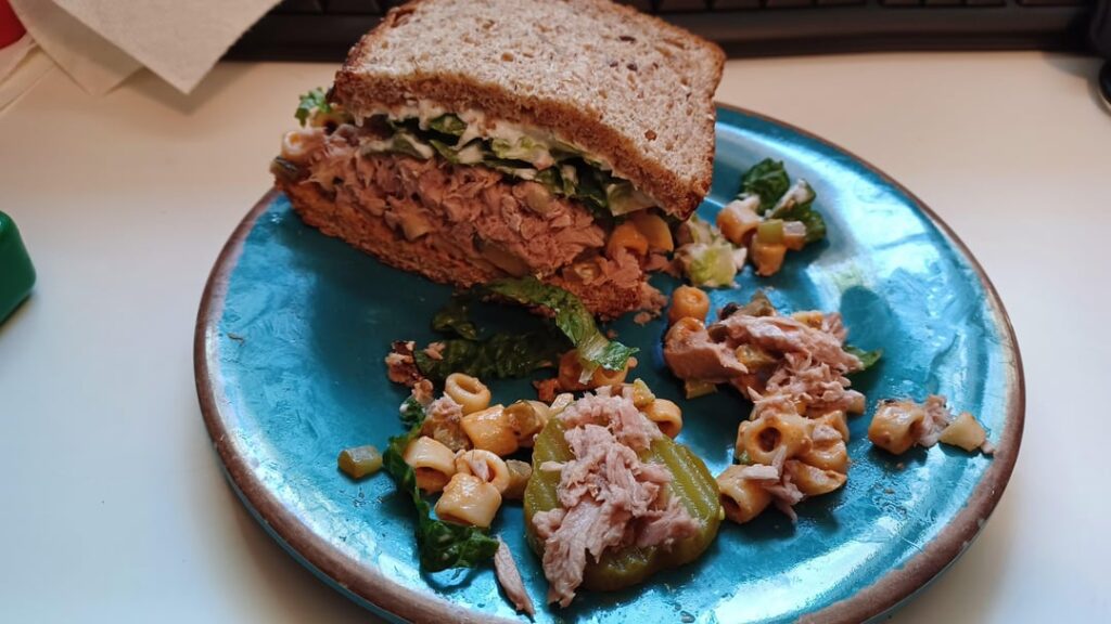 Quick sandwich w/Dave's Killer bread, romaine shredduce, pickles, canned tuna, mayo, and epic macaroni salad leftovers from a trip to Grandma's!