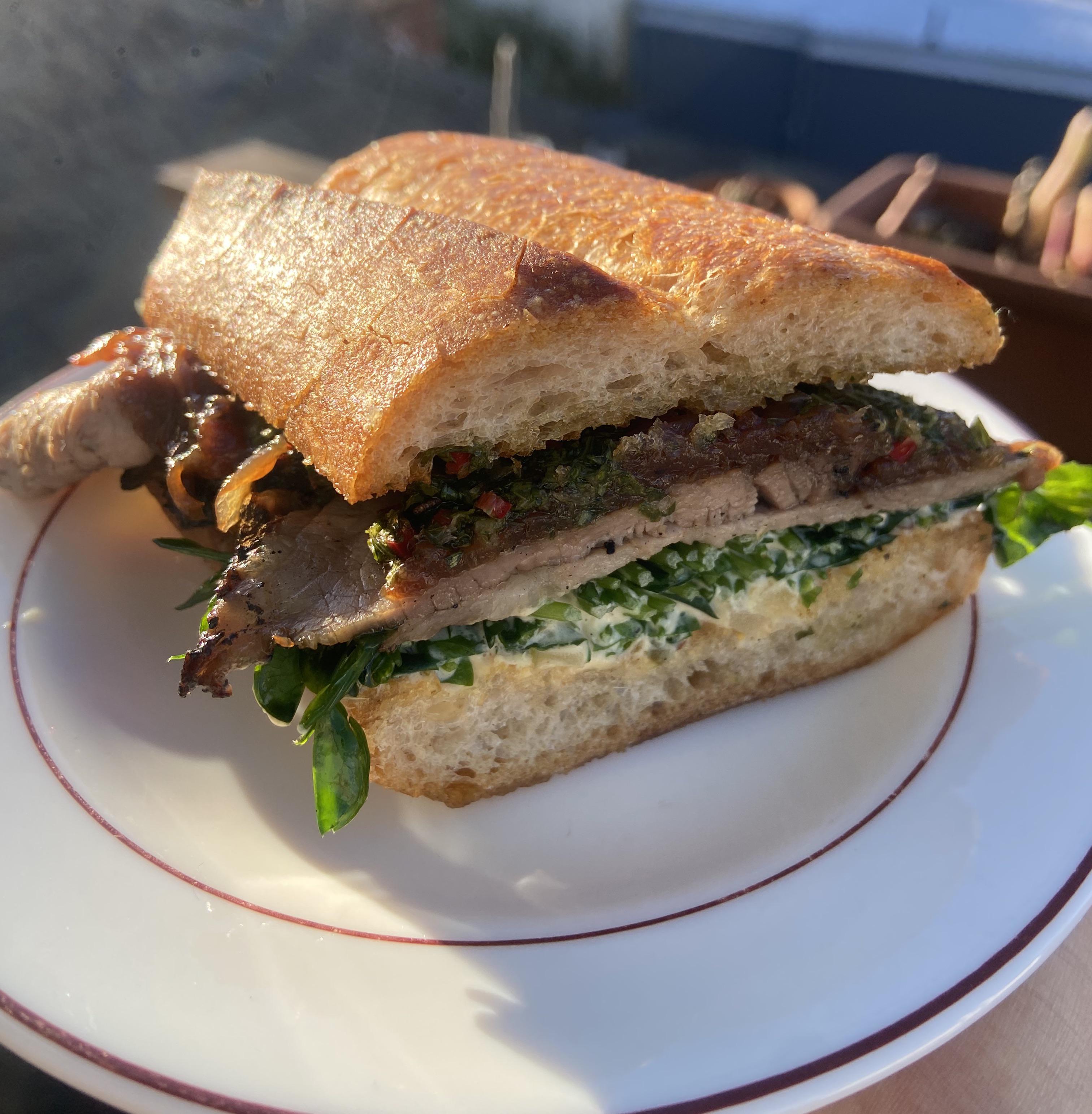 Leftovers sandwich. Cajun Remoulade, Pea Shoots, Grilled TriTip