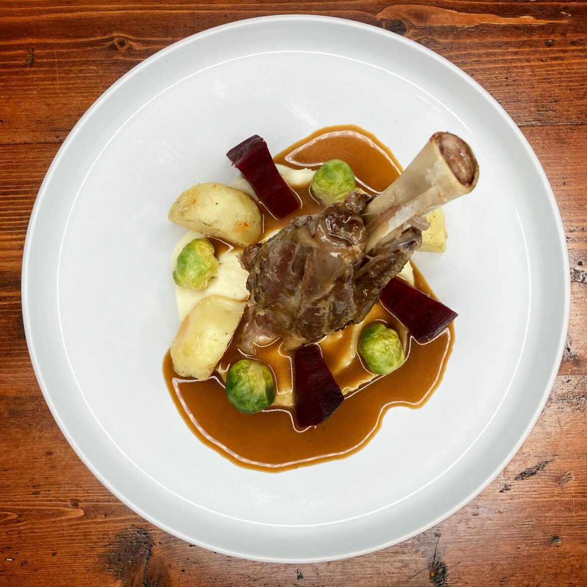 Lamb Shank || Hatcho Miso Butter Gravy || Beetroot || Baby Brussels Sprouts || Duck Fat Roasted Potatoes || Milky Parsnip Purée