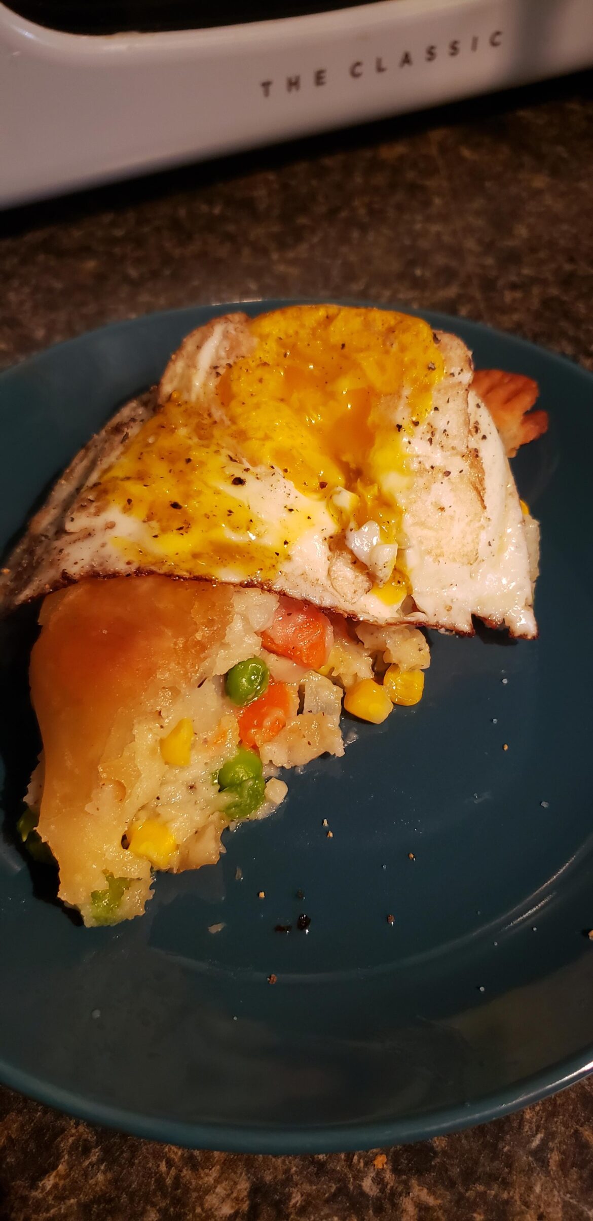 Not the prettiest egg, but egg + leftover homemade pot pie was worth waking up for.
