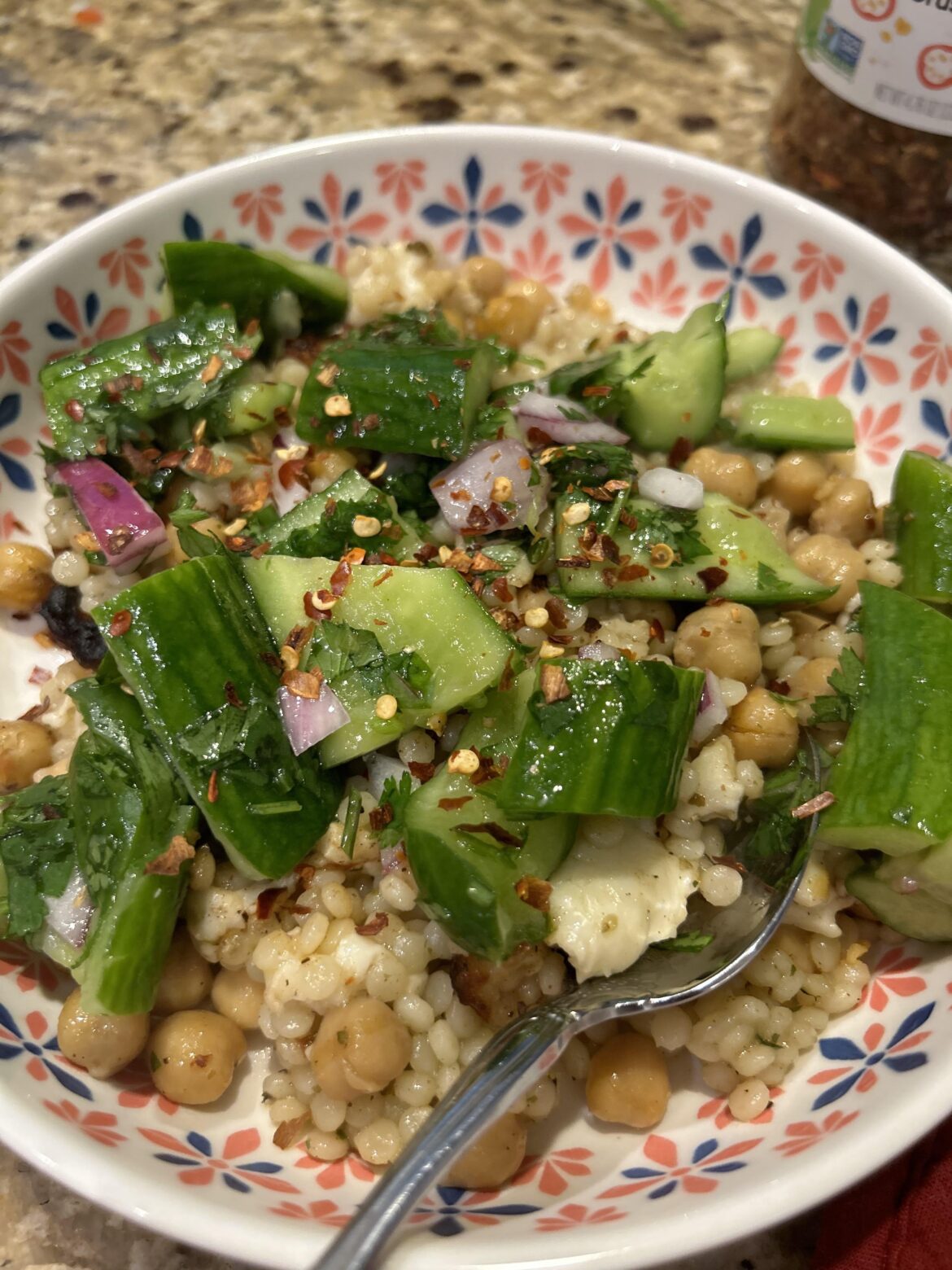 Pearl Couscous and Halloumi With Smashed Cucumbers