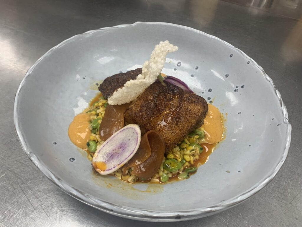 Blackened Grouper/Corn and Adamame Succotash/Carolina BBQ/Chorizo Oil/Malt Vin. Powder Tapioca Crisp.