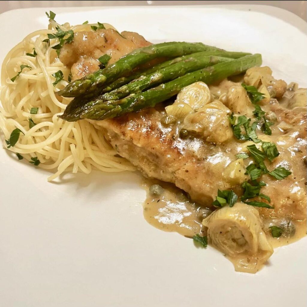 Artichoke chicken with asparagus