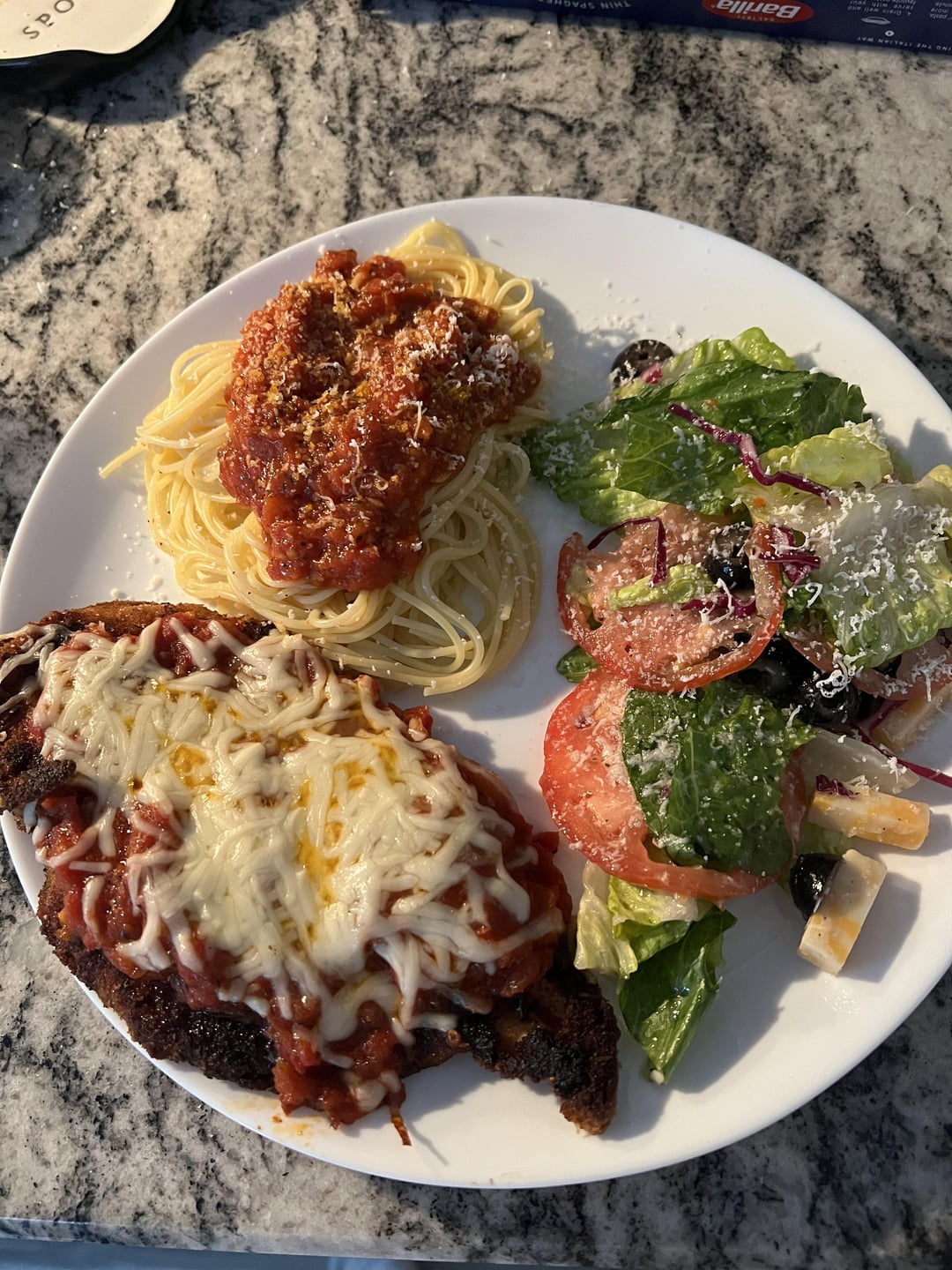 Chicken parm with homemade tomato sauce and salad… Dining and Cooking