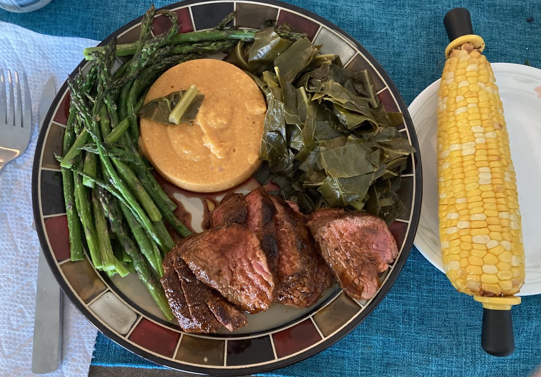 Cajun butter steak, grits and veg under 800 calories Dining and Cooking