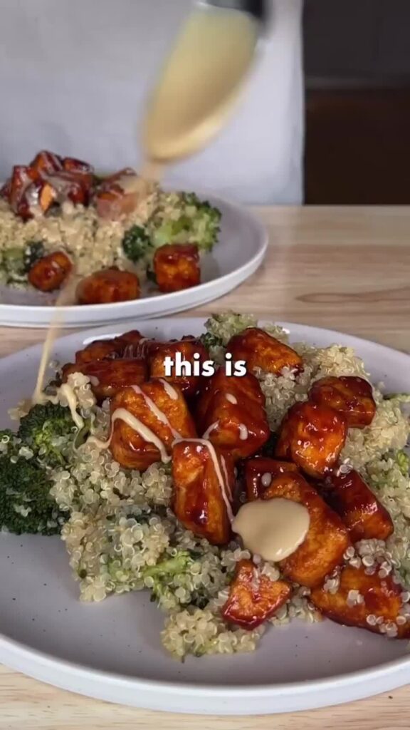 Sticky orange gochujang tofu with quinoa & broccoli