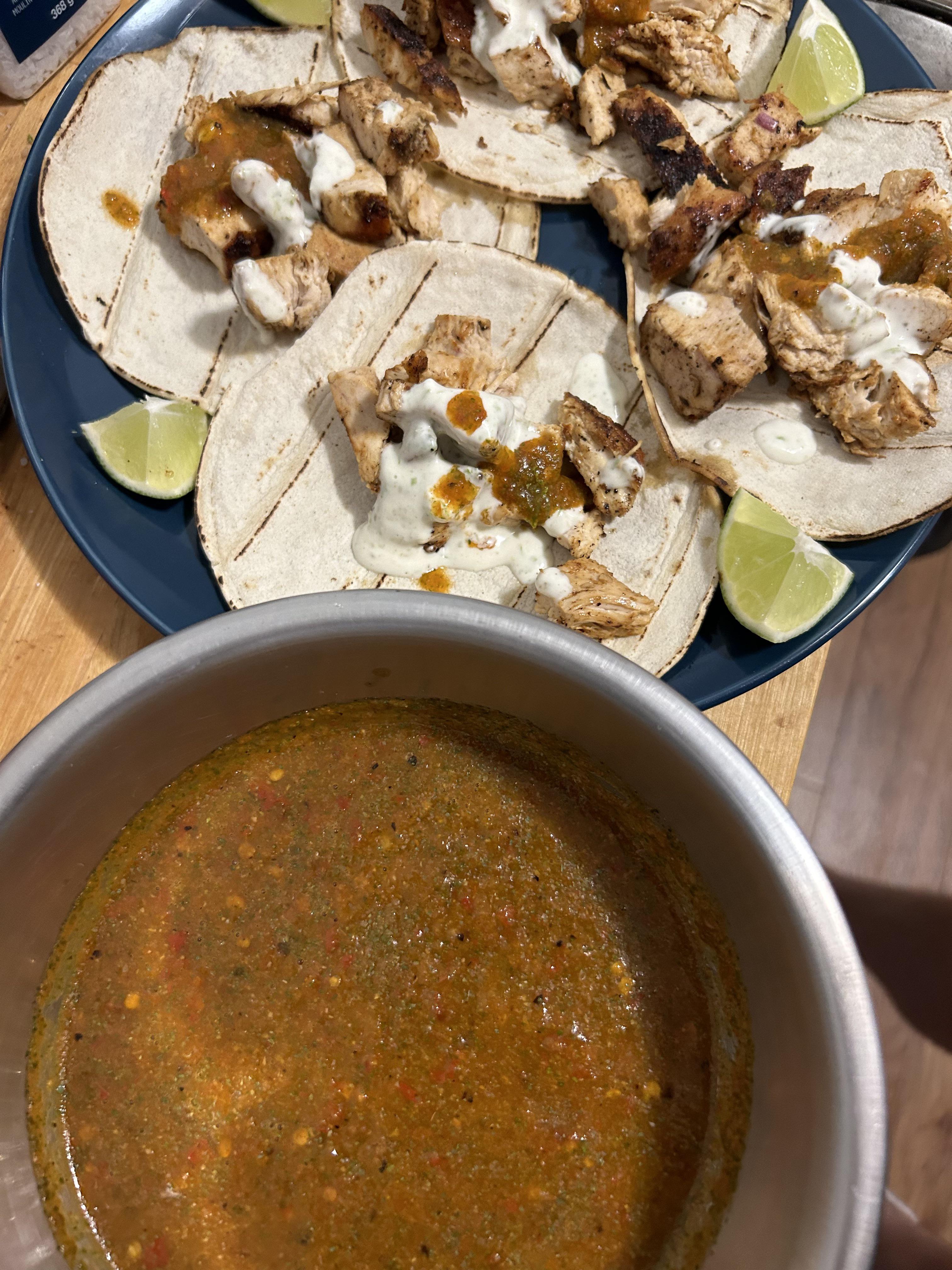 Chicken tacos with homemade salsa and lime crema Dining and Cooking