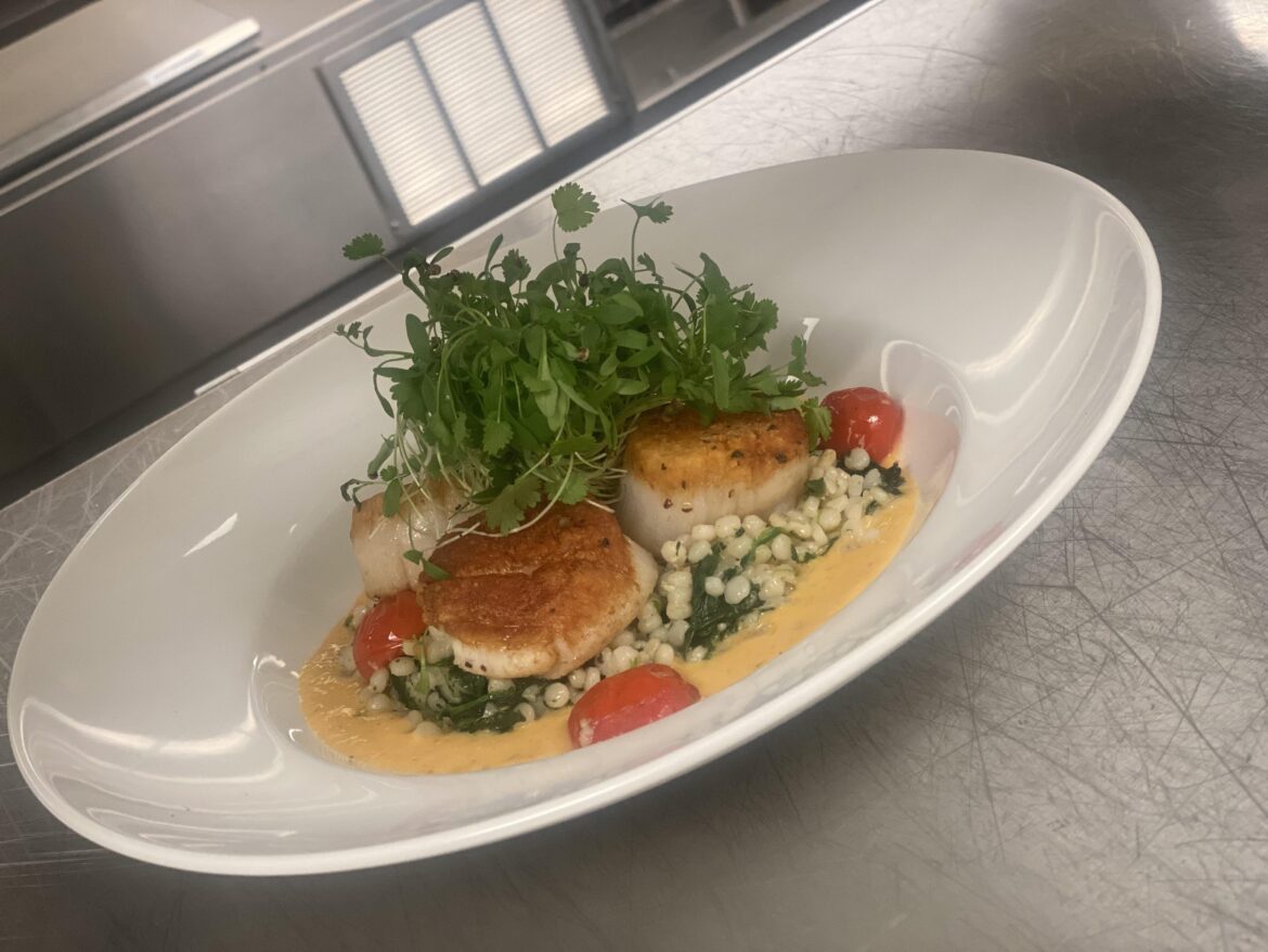 Seared Scallops with Israeli Couscous and lobster bisque