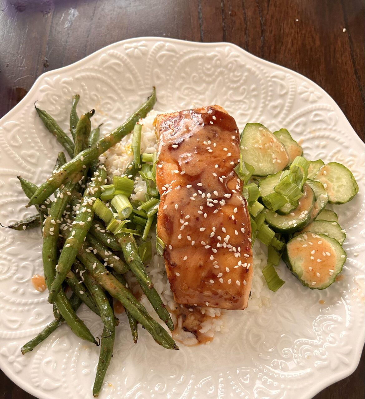 Premium Meal: Soy Glazed Salon with Rice, Green Beans, and Pickled Cukes