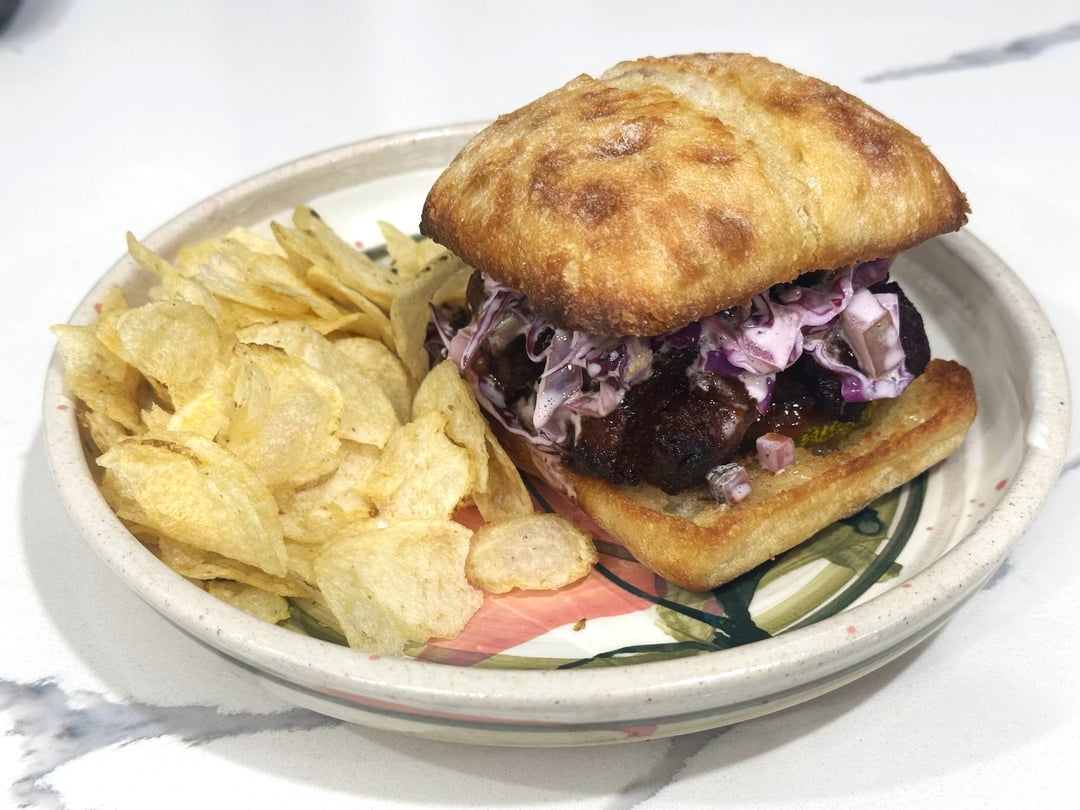 simple bbq pork belly sandwich belly, pickle, bbq sauce and jalapeno