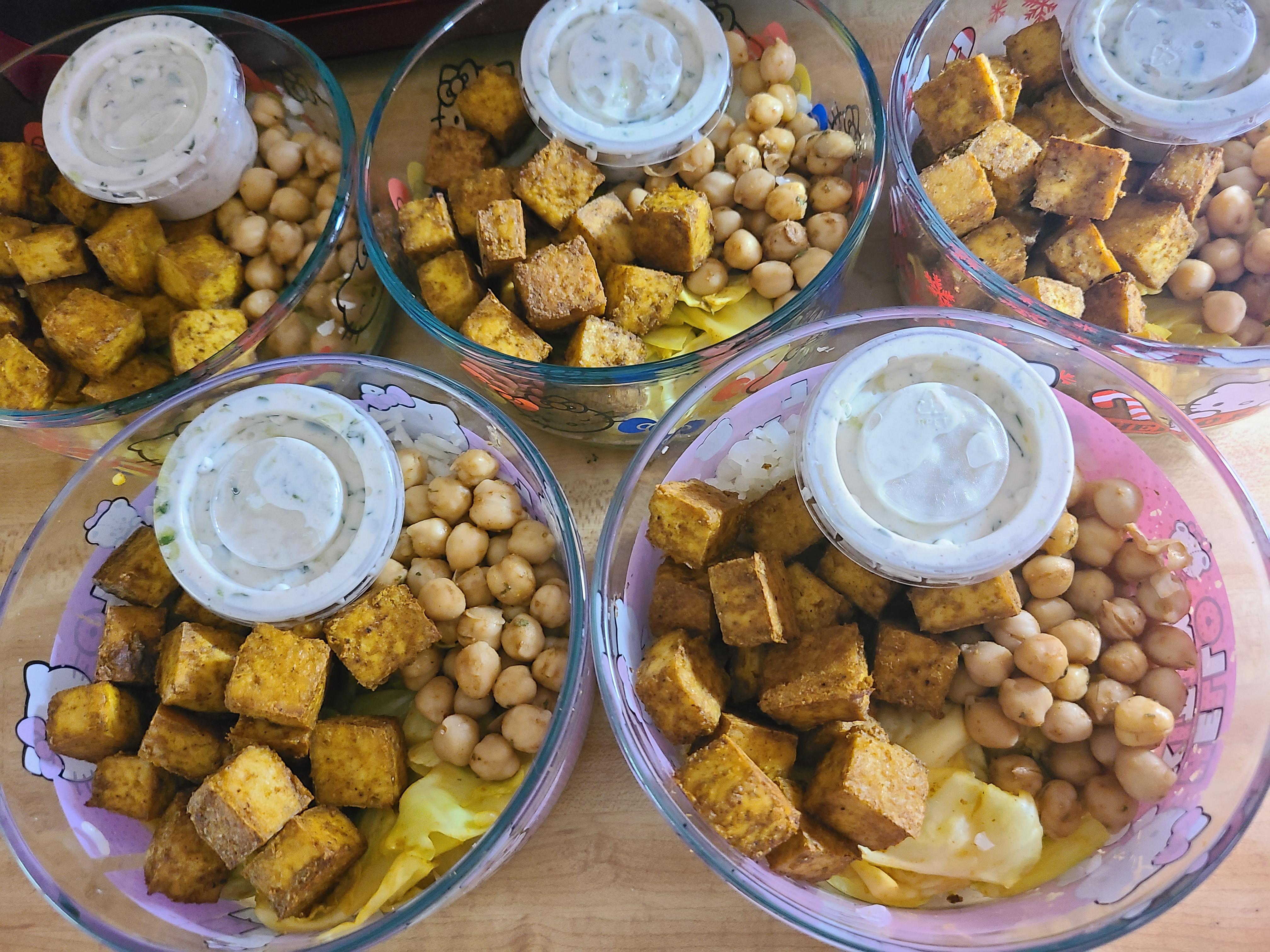 Marinated coconut curry tofu, with homemade raita, cabbage, and