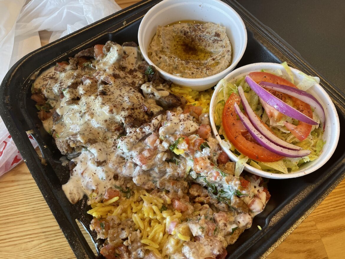 Shawerma Plate with baba ganoush and house salad from Habibi Grill