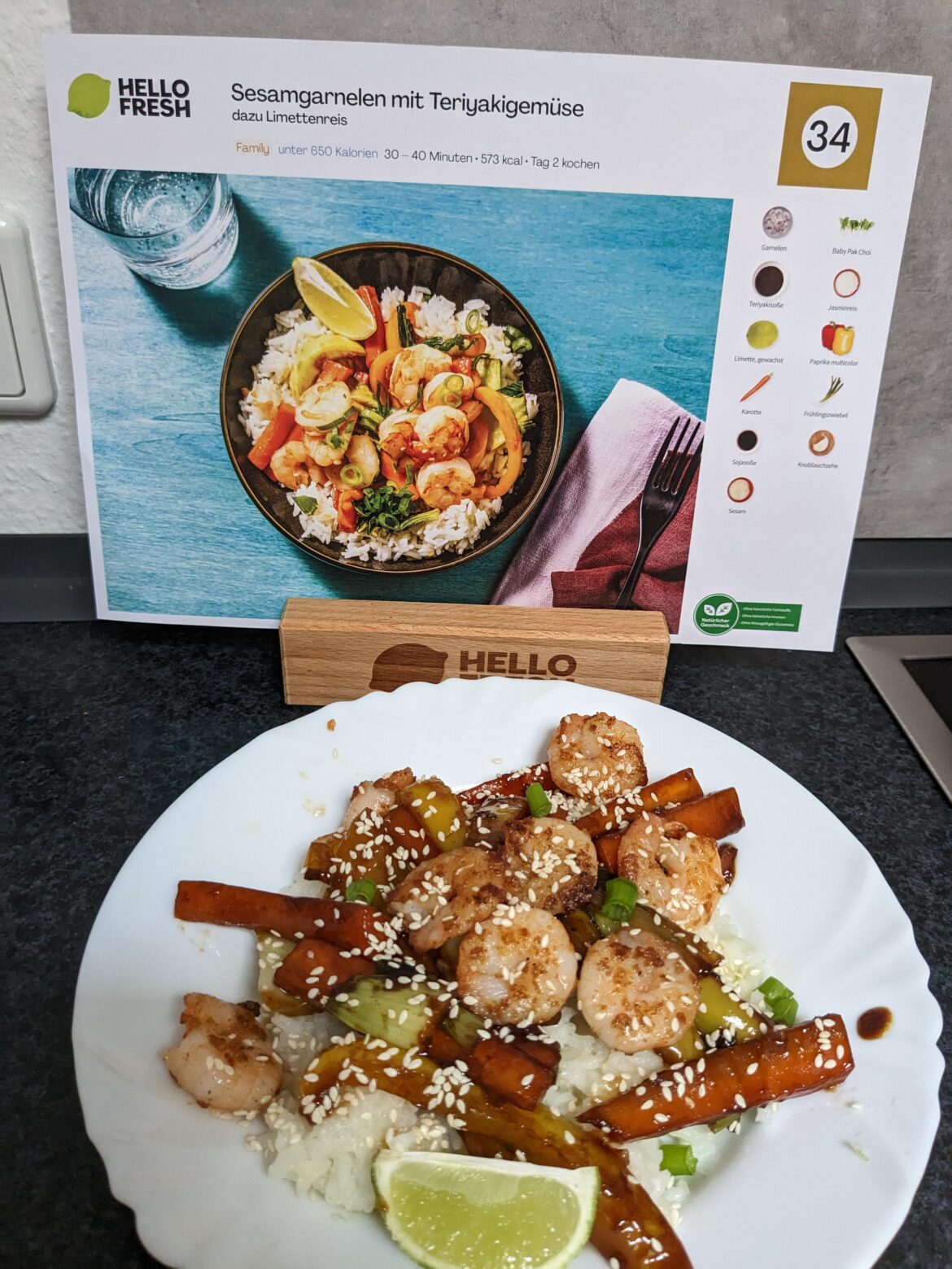 Sesame prawns with teriyaki vegetables and lime rice