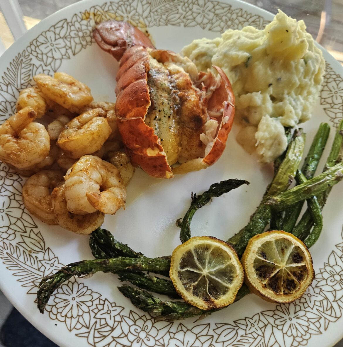 Garlic Herb Butter Shrimp & Lobster Tails with Lemony Asparagus and Chive Creme Fraiche Mashed Potatoes