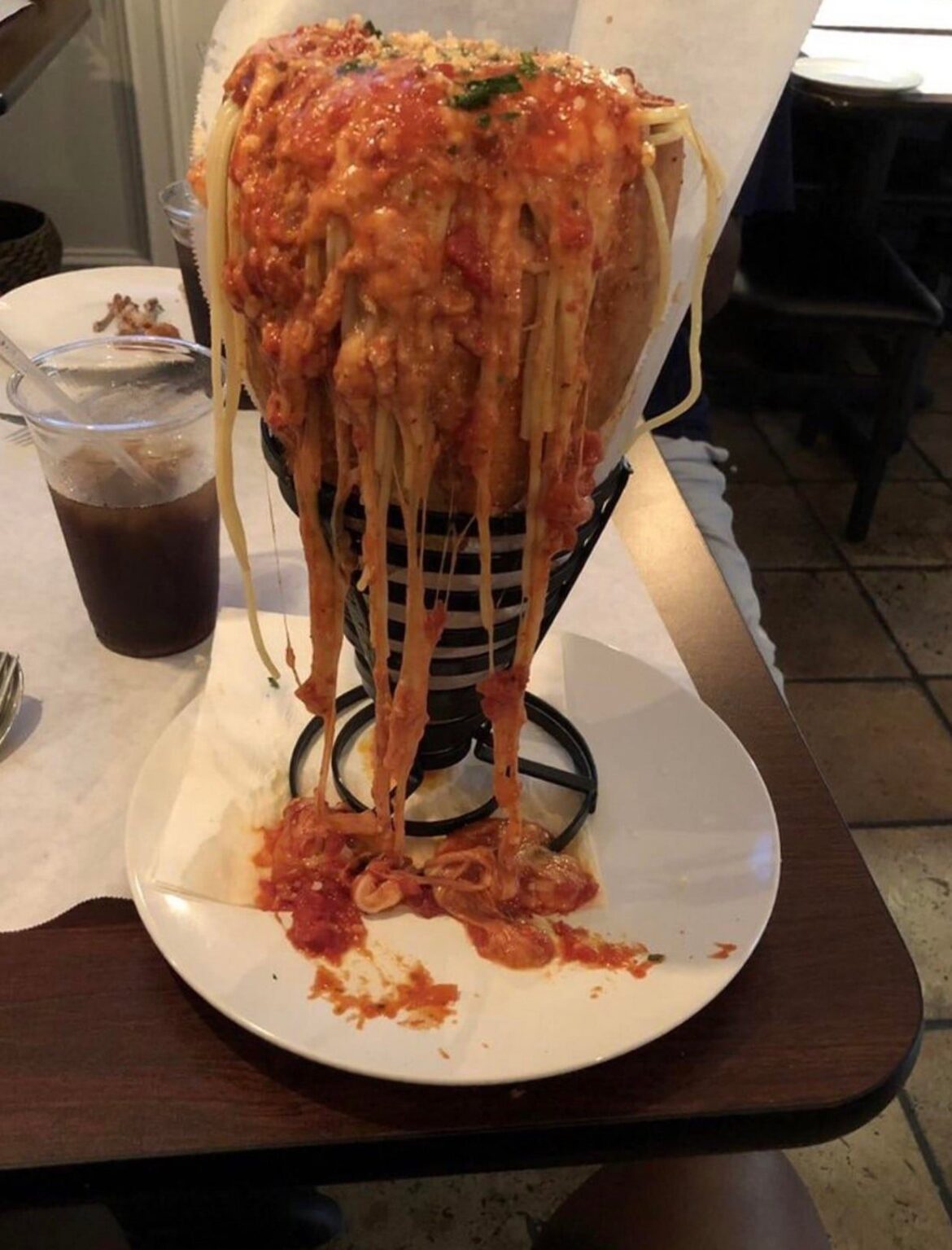 Spaghetti bolognese in a bread cone