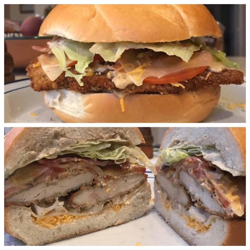 Leftover chicken cutlet Chicken bacon swiss caesar sandwich w/ homemade Caesar dressing, onions tomato lettuce on a Kaiser-esque roll. Breakdown in comments