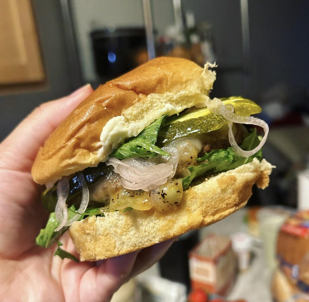 Mizuna, Pickled Shallot, Pickles, Dill Havarti, Mayo, Beef Burger