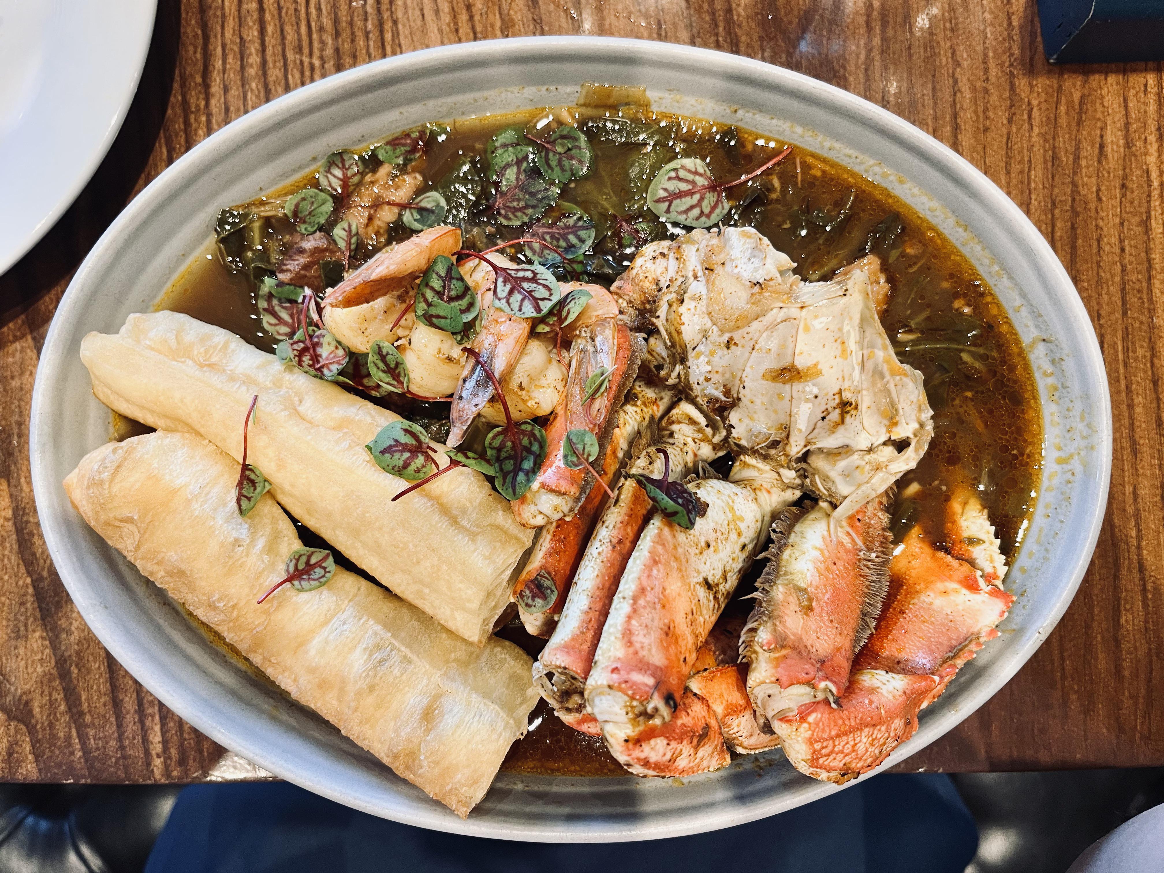 [I ate] Gumbo with Dungeness crab, prawns, and Chinese donuts (at Communion Seattle) Dining