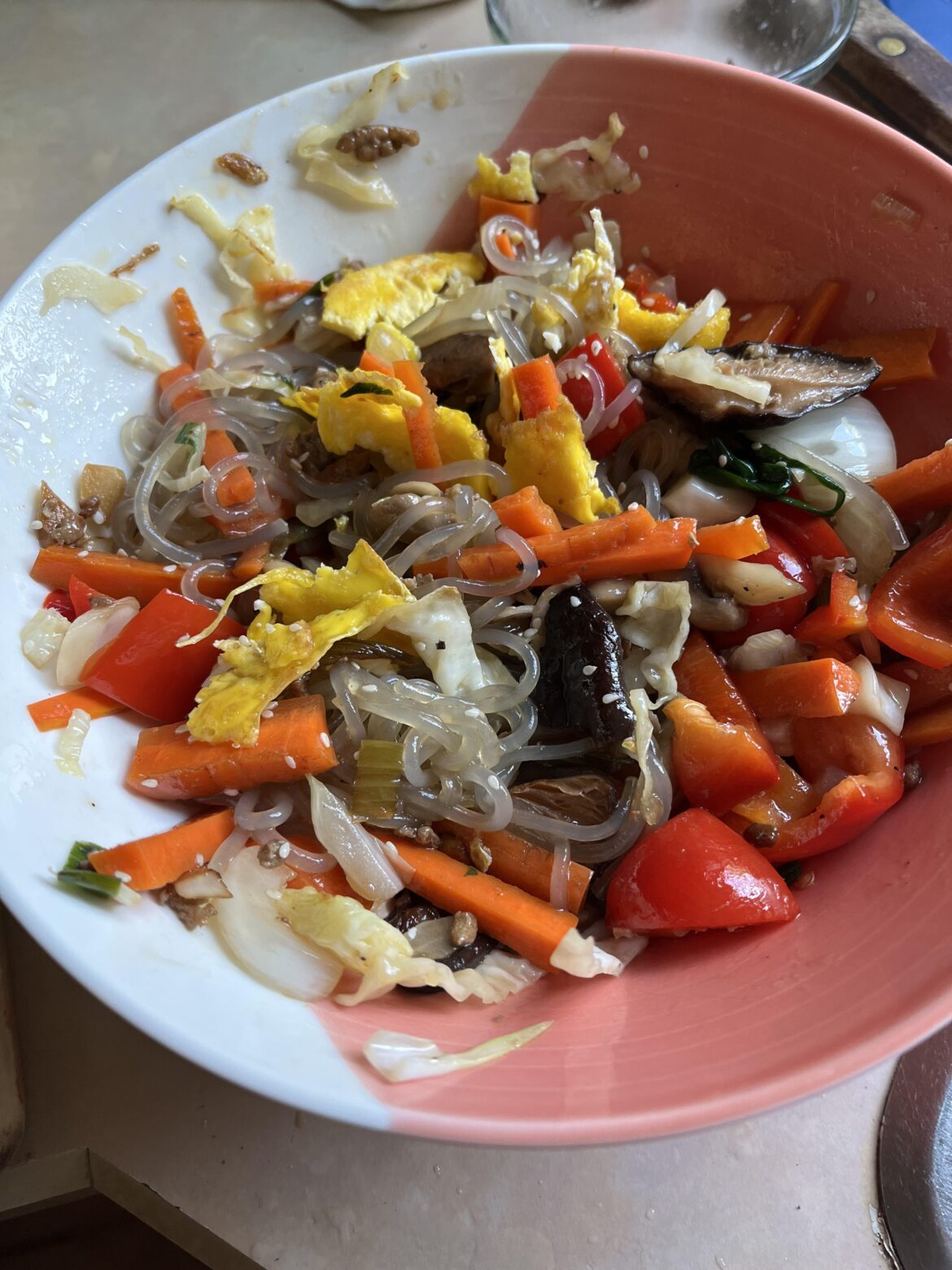 Made some japchae using whatever I had in the fridge