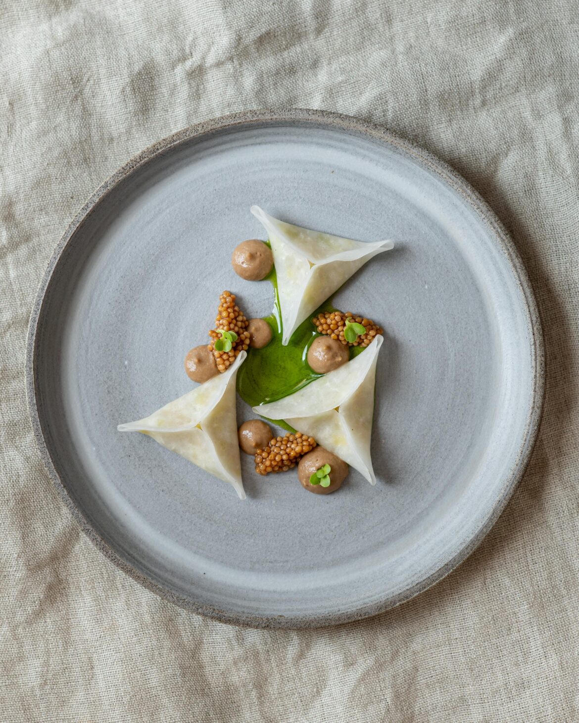 Shio Koji kohlrabi 'dumplings' filled with baked kohlrabi and leek | caramelized onion and coffee garum puree | pickled mustard seeds | leek oil