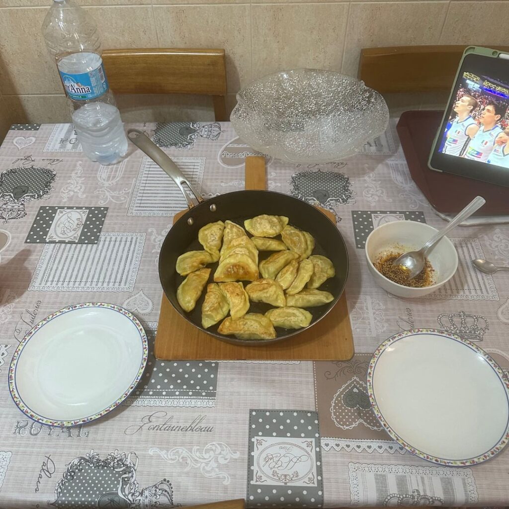 Kimchi mandu made by my nonna with egg wrapper