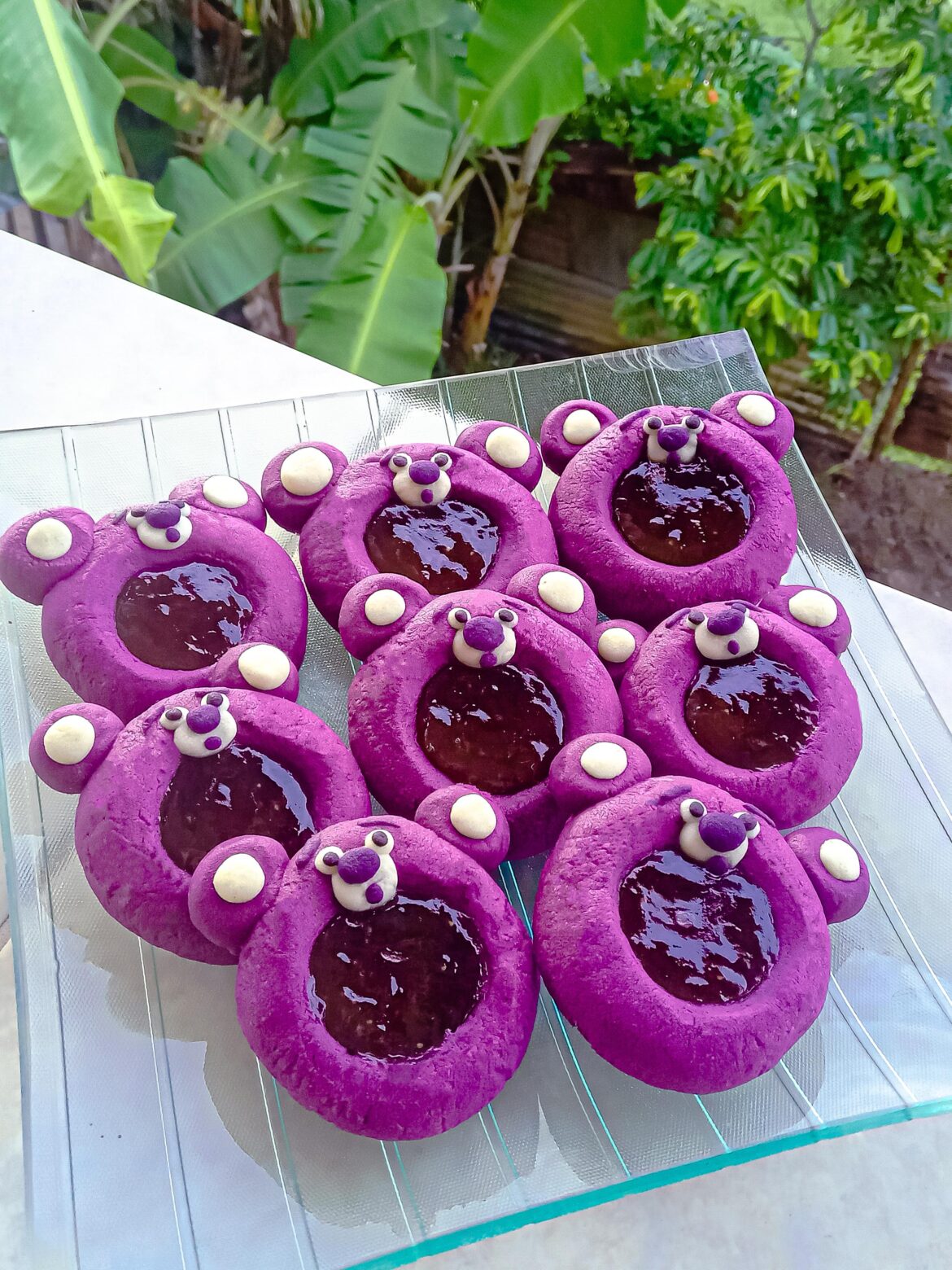 lotso (from toy story) inspired strawberry thumbprint cookies