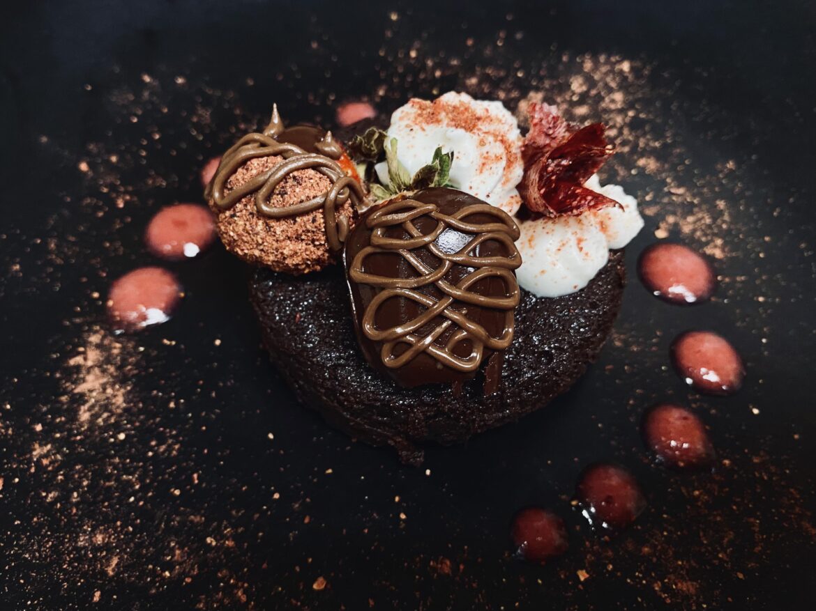 chocolate torte, chocolate covered strawberries, pulverized berries, tuille and chantilly. basic asf but proud (,: