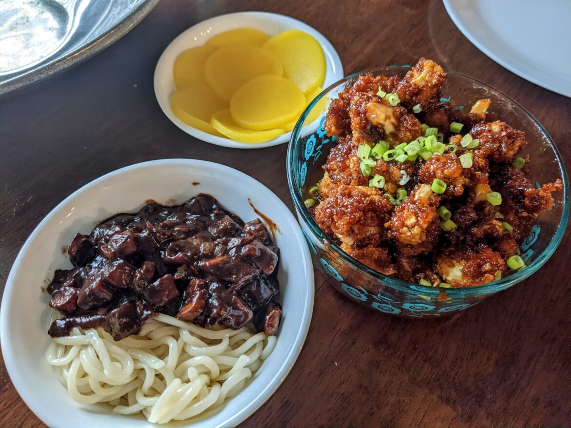 My first time cooking jjajangmyeon :D (and some firecracker cauliflower on the side)