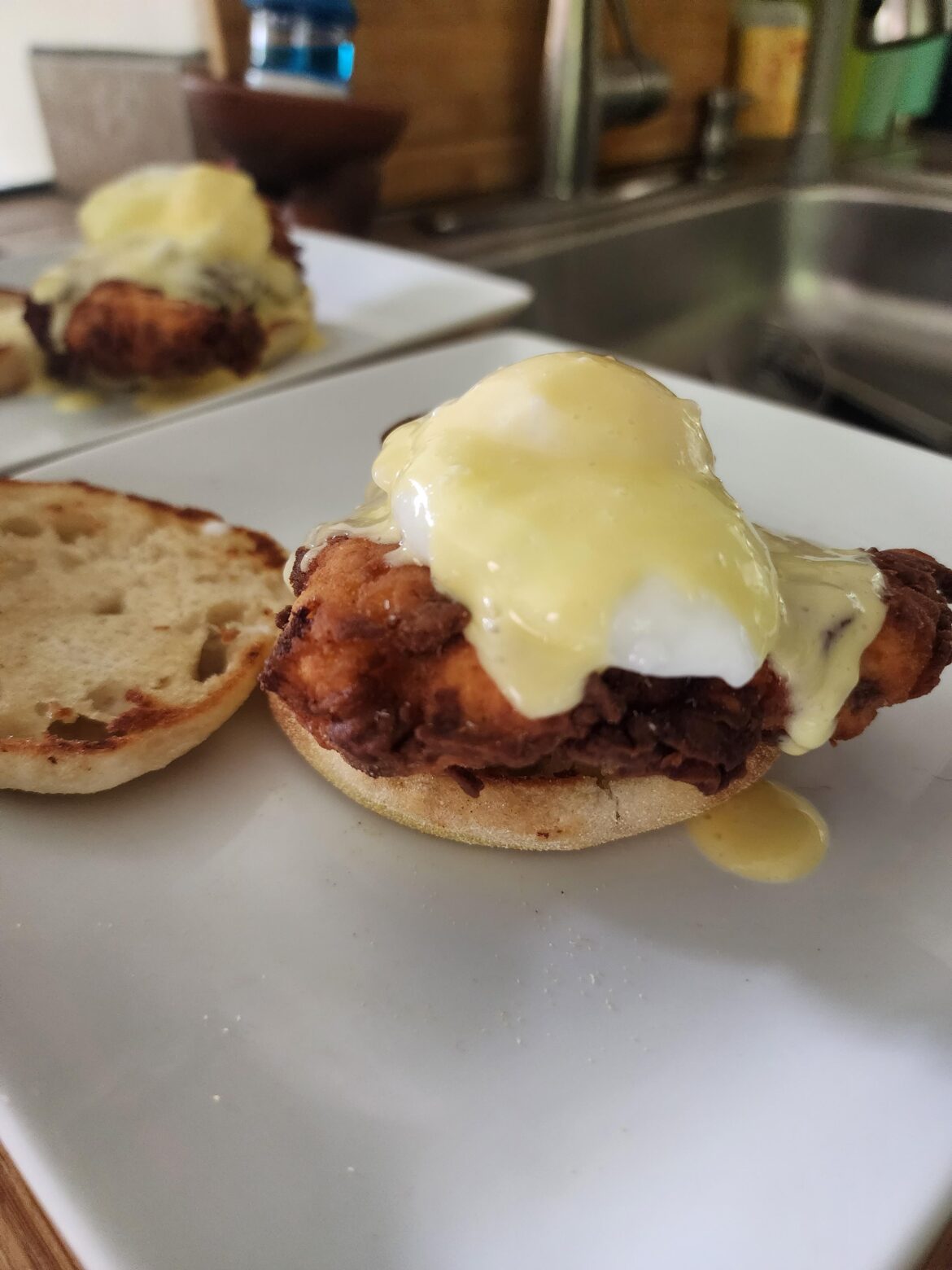 Kenji's hollandaise and Stella's English muffins have lead me down a bad path.... Fried chicken eggs Benedict
