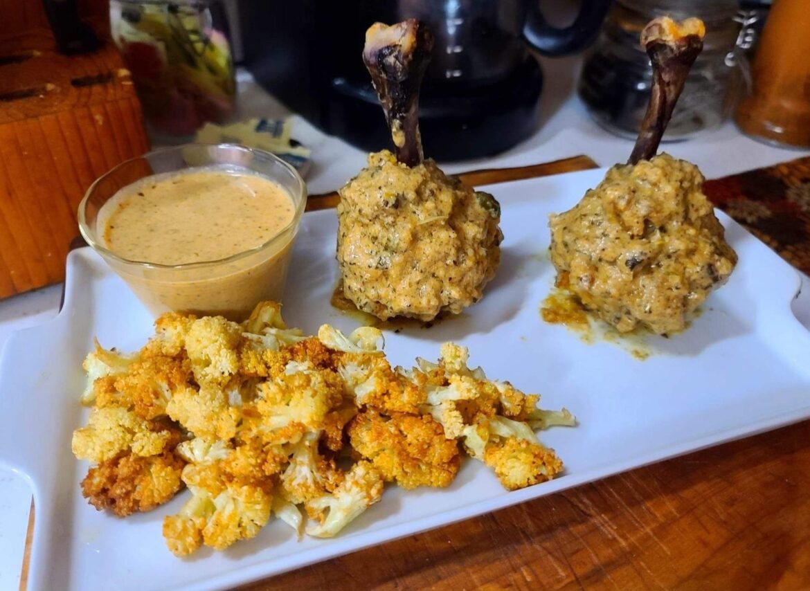 Black Garlic Butter Chicken Lollies, Fried Cauliflower, Zesty Ranch Sauce