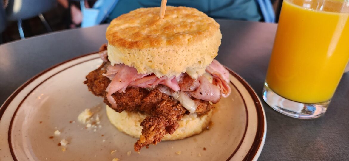 Cordon bleu biscuit sandwich at Denver Biscuit Company (Tennyson St location). Fried chicken, ham, Swiss cheese, honey butter.