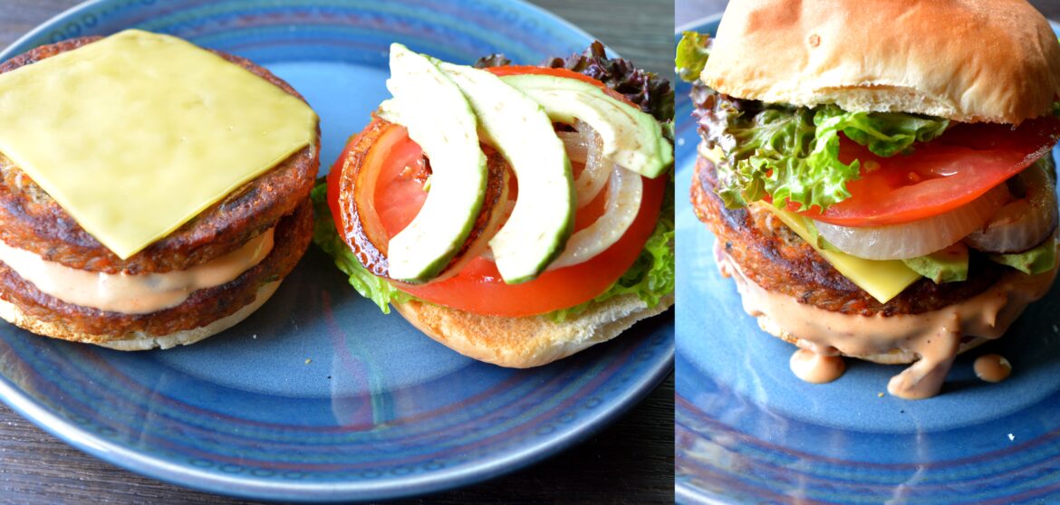 (357 cal & 28 g protein) Double decker garden burger with chipotle adobo sauce, avo, onion, tomato, and violife cheese