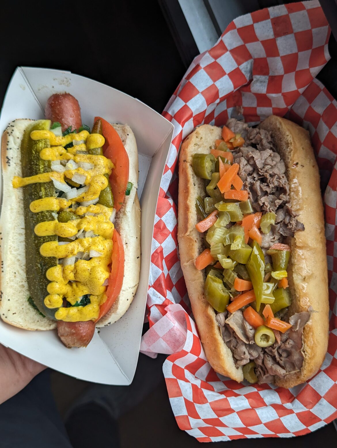 Italian beef with hot giardiniera, and a Chicago dog at Tiny's Hi-Dive