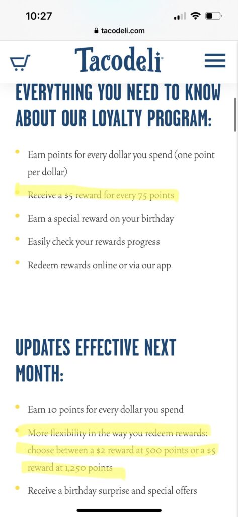 What has gotten into Tacodeli? Used to be $75 spend for a $5 off reward. Now with their “new & improved” reward system, it’s $125 spend for a $5 off reward. That’s a 67% increase. Total bullshit