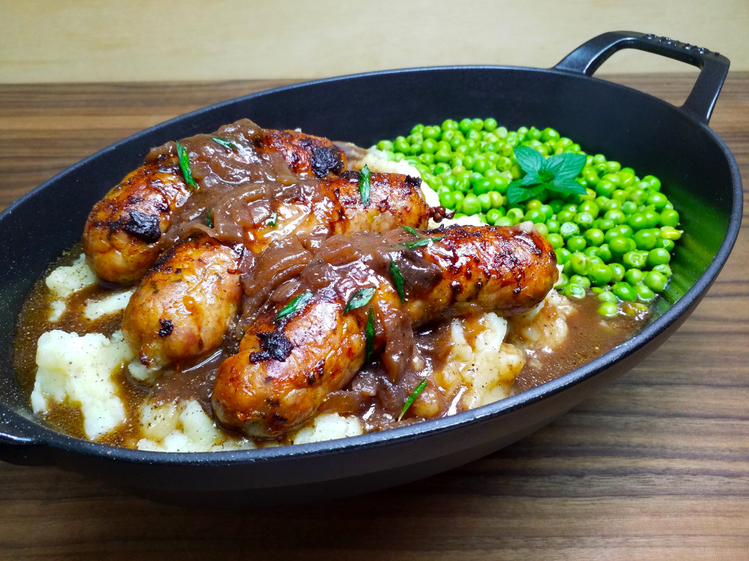 Bangers and Mash with Onion Gravy and Minty Peas Dining and Cooking