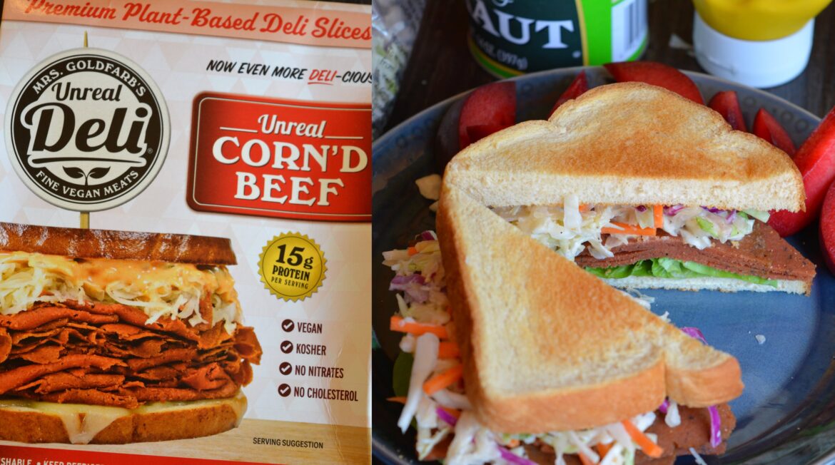 Really liked this plant-based deli meat. Entire sandwich is 27 grams of protein and 250 calories (including the low calorie bread and sauerkraut slaw)