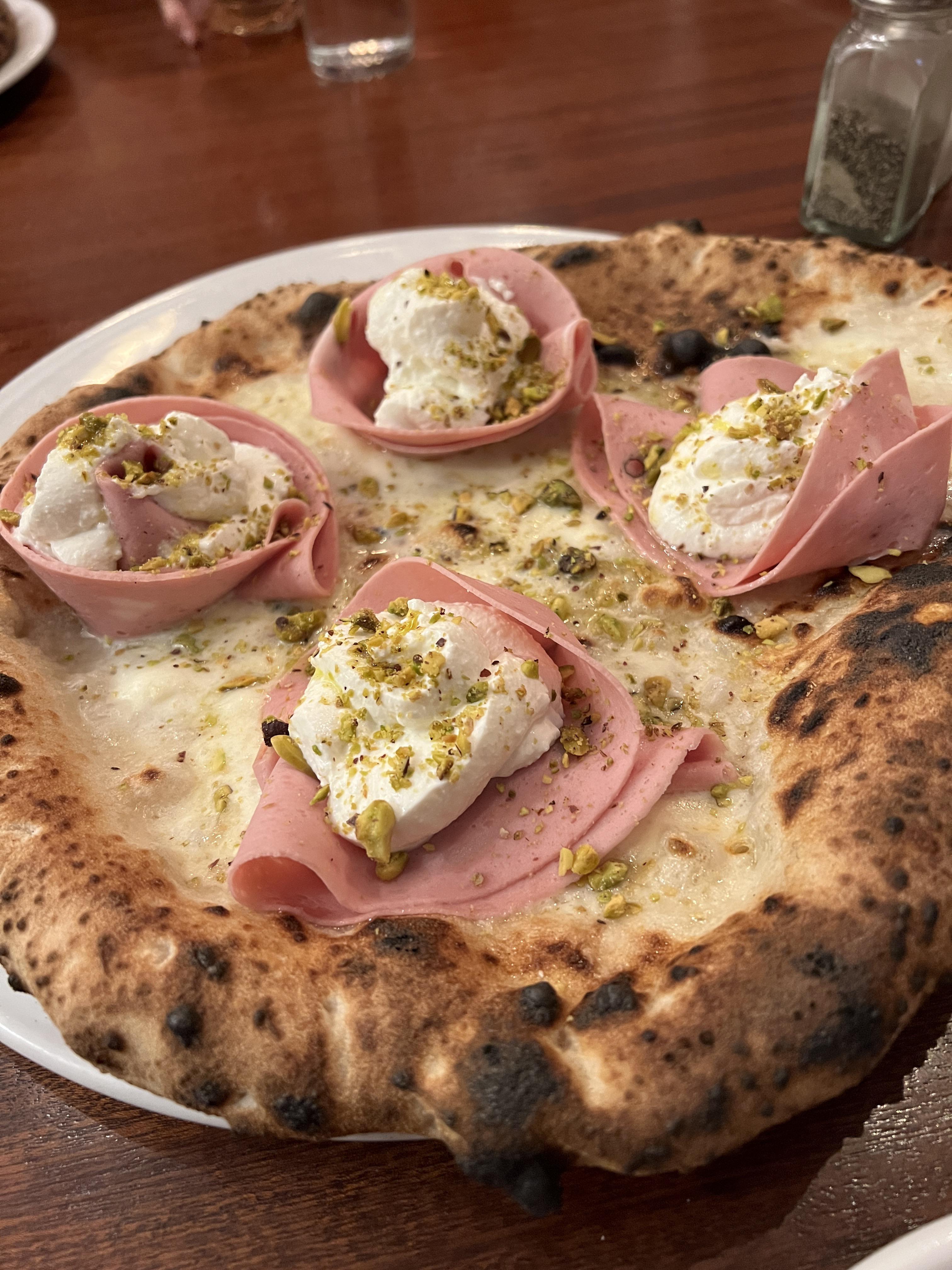 Daily special pizza at Spacca Napoli “Mortadella.” Pistachio