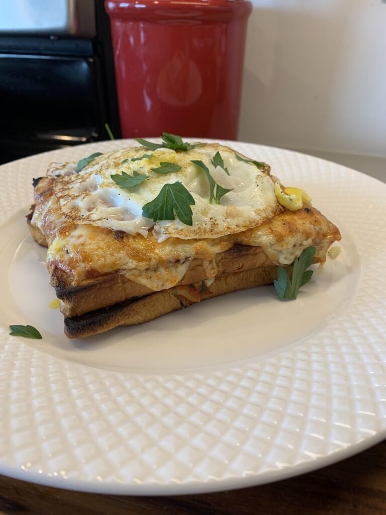 Yesterday I had Kenji’s Shakshuka. There was some leftover sauce. Today I present: The Shakshuka Croque Madame