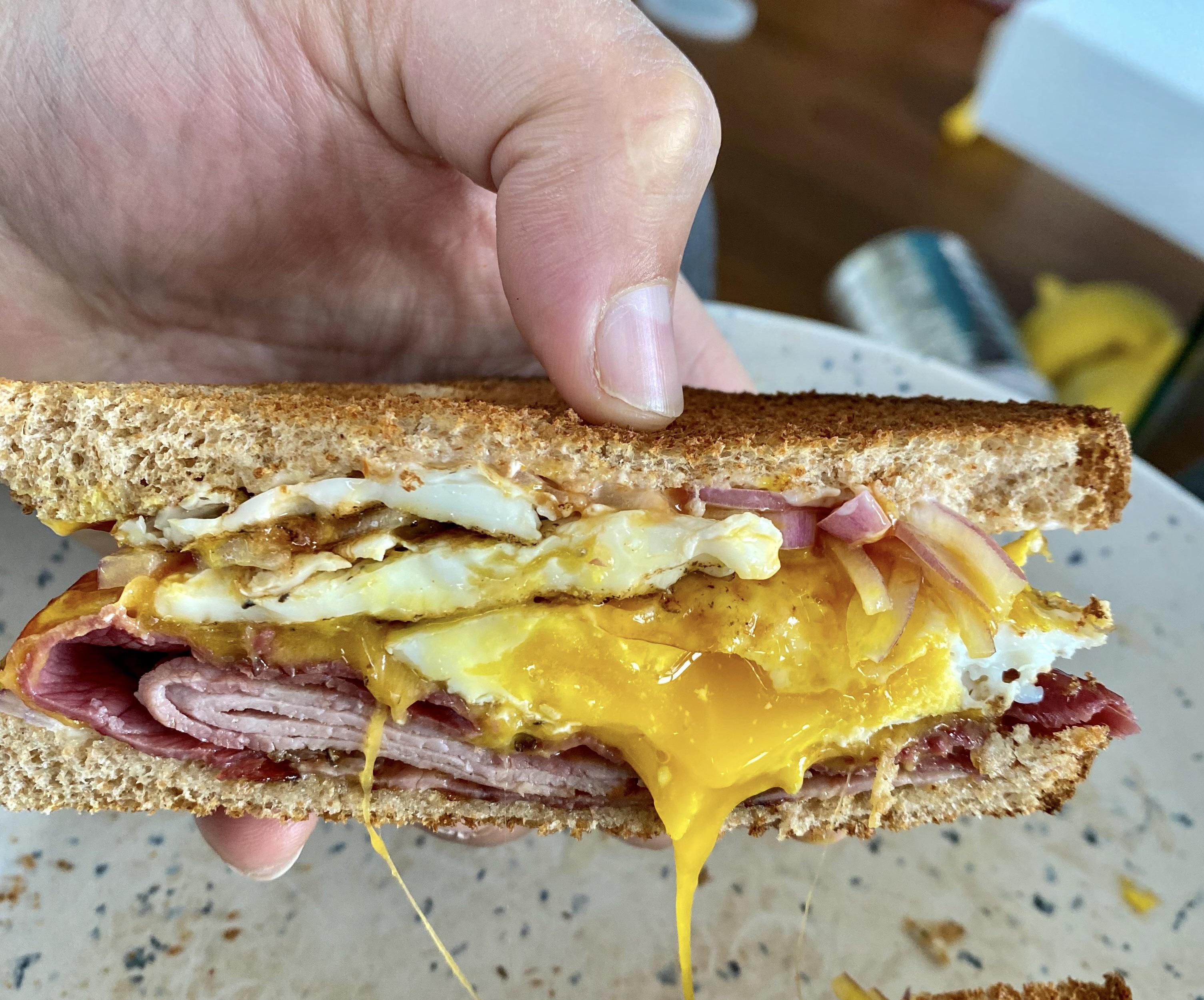 Pastrami, egg, cheese, mayo, mustard and red onions. Dining and Cooking