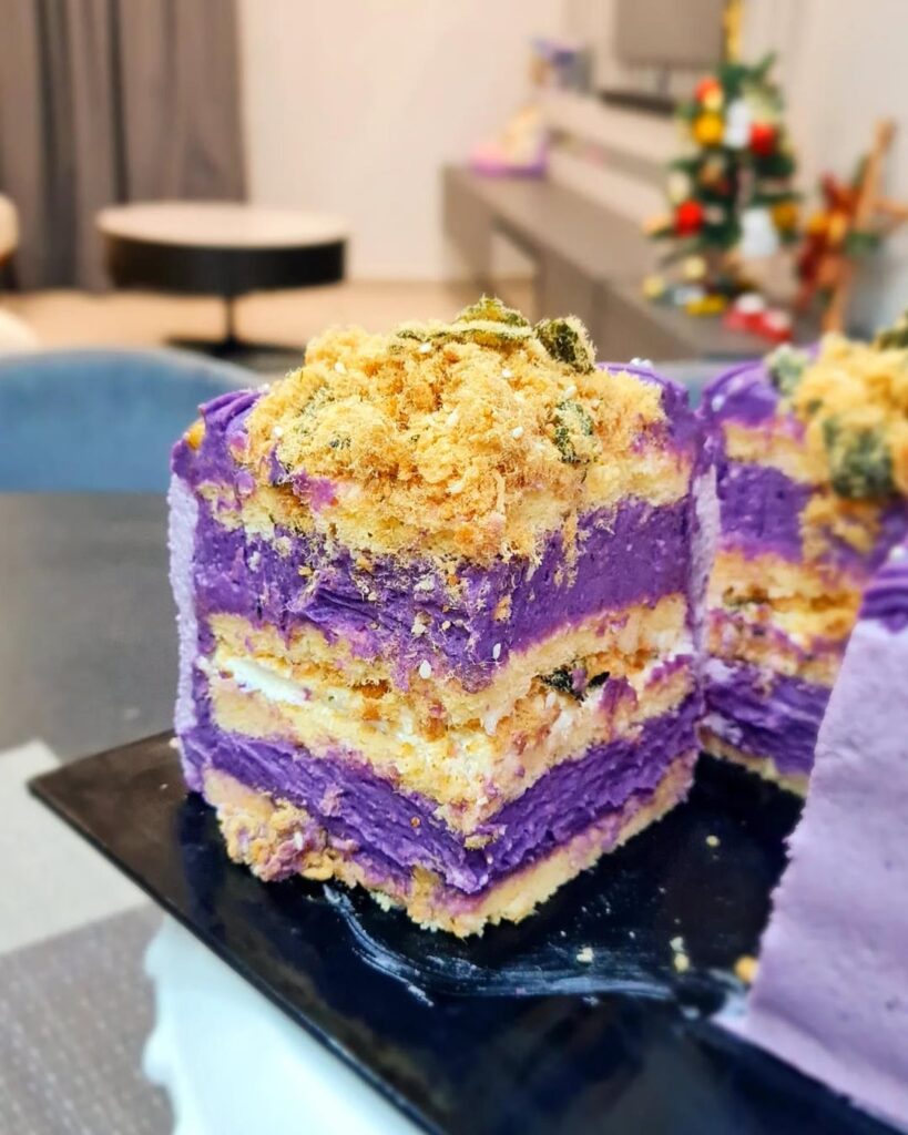 Made Yam/Taro blended with purple sweet potato for vibrant purple velvet frosting. Made Yam/Taro Chicken Floss cake using chiffon cake and whipped cream frosting for husband's birthday, thanks God, he loves it so much.
