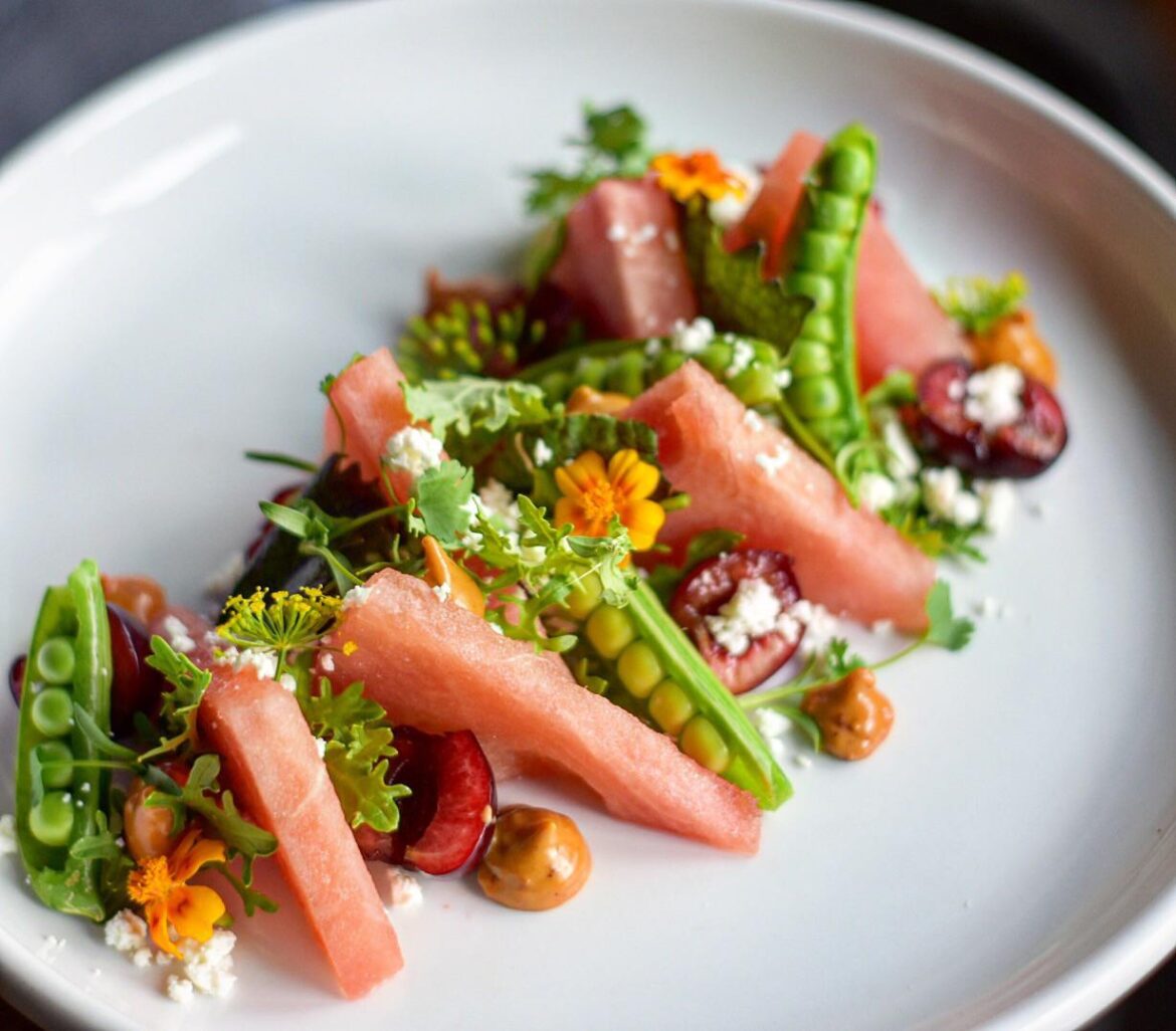 Watermelon + Cherry + Snap Pea+ Merigold + Mustard greens + Dill + Guajillo Tamarind Puree + Chèvre Powder + Honey Lime Cilantro (underneath)